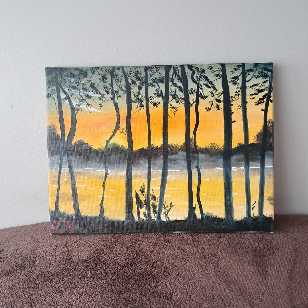 Hand Painted Canvas Oil Paint Landscape Trees Water Seen Silhouette